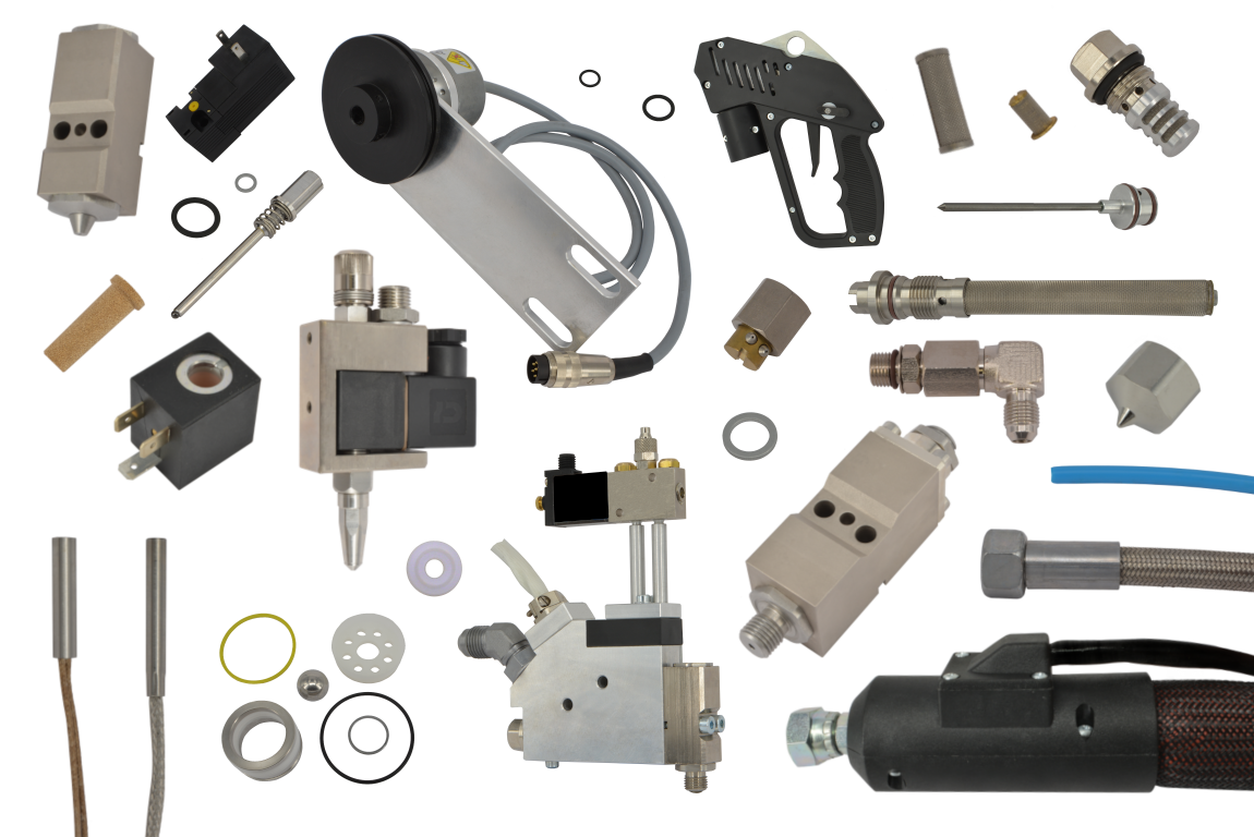 Various selected spare parts from the range of Reuther-Systems adhesive systems